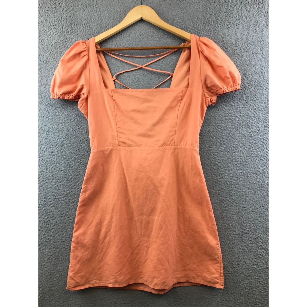 Sunday Best Babaton A-Line Mini Dress Criss Cross Back Puff Sleeve Coral Size 6